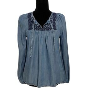 GAP‎ Top XS Denim Blue Navy Embroider Boho Tunic Keyhole Tie Neck Long Sl CUTE